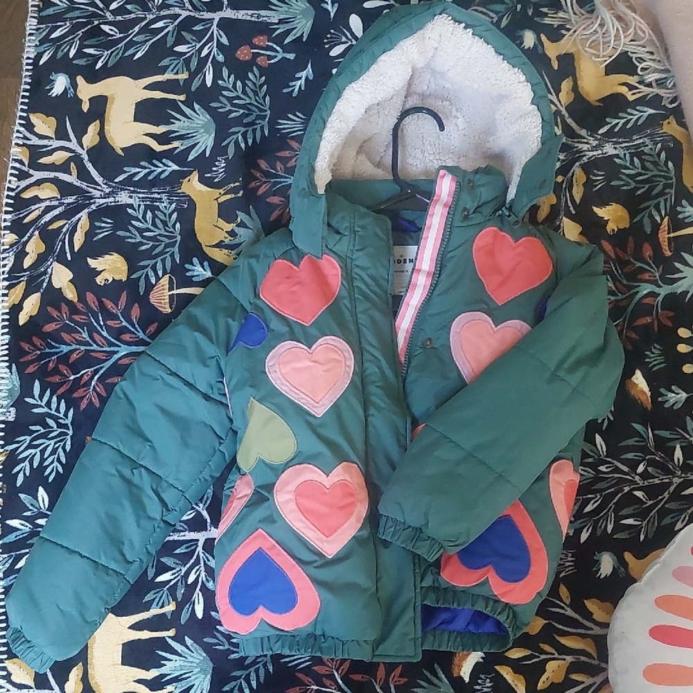 Boden Blue and Green Puffer Jacket with Pink Stripes